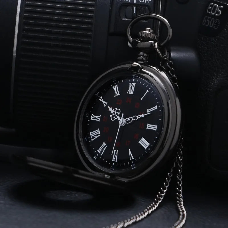 Vintage Black Roman Numeral Pocket Watch - Unisex Steampunk Quartz Necklace Pendant with Chain, Gift Style P427