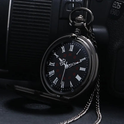 Vintage Black Roman Numeral Pocket Watch - Unisex Steampunk Quartz Necklace Pendant with Chain, Gift Style P427