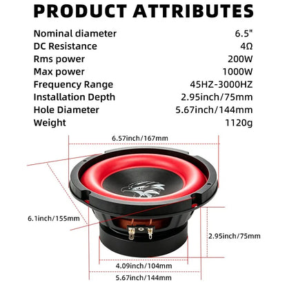 6.5 Inch Car Speakers 1000W High Power - HiFi Subwoofer High Sensitivity Mid Bass Stereo Audio for Car, RV & Motorhome