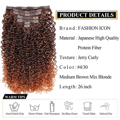 26 Synthetic Clip-In Hair Extension - Full Head Afro Kinky Curly Style - 140g Fake Hair Pieces Clip-on Hairpin for Women - Black/Brown