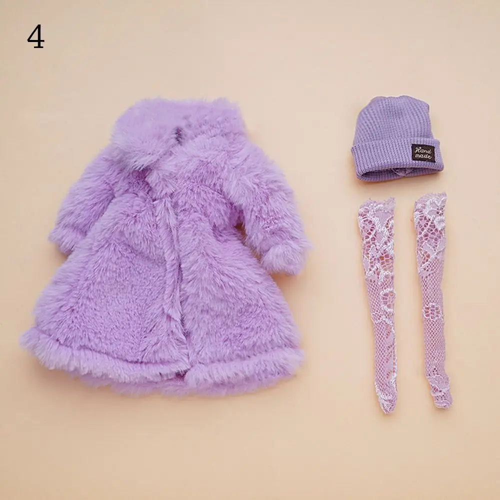 30CM Doll Clothes Set – Fashion Tops, Fur Overcoat, Knitted Hat & Colorful Lace Stockings for 1/6 BJD Doll Accessories