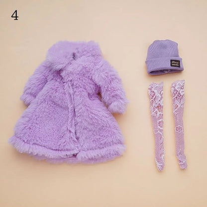 30CM Doll Clothes Set – Fashion Tops, Fur Overcoat, Knitted Hat & Colorful Lace Stockings for 1/6 BJD Doll Accessories