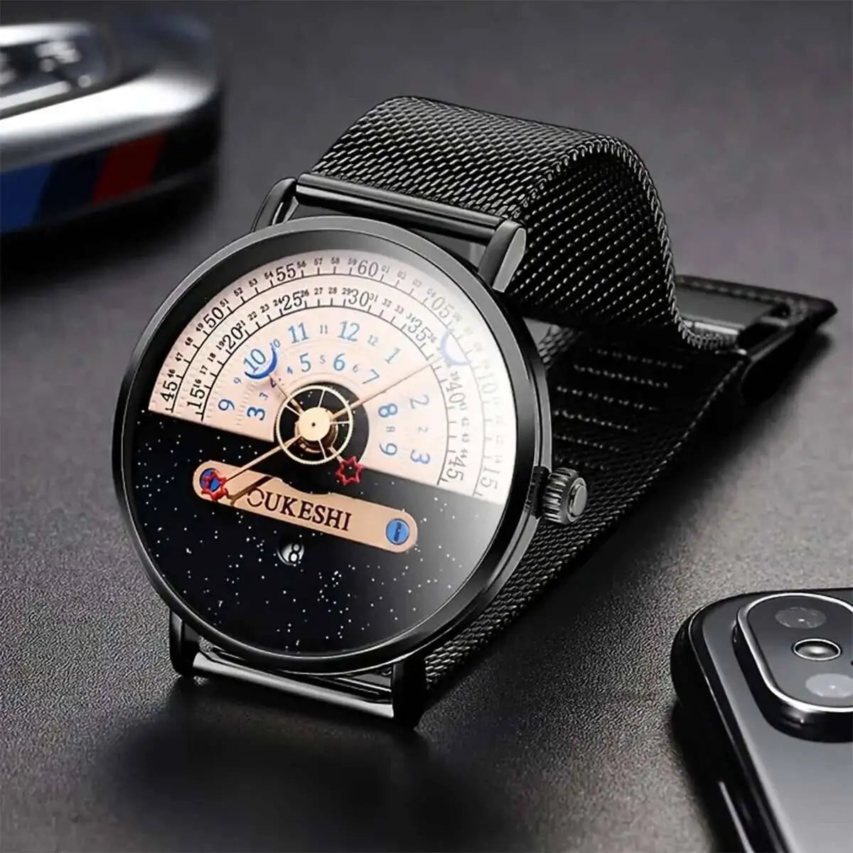 Men’s Fashion Mesh Band Quartz Watch — Business Wristwatch with Calendar Reloj Hombre