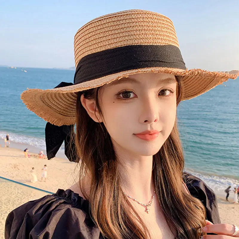 Bow Straw Hat for Women – Wide Brim Sun Visor Cap for Beach, Summer Vacation & Outdoor Sun Protection