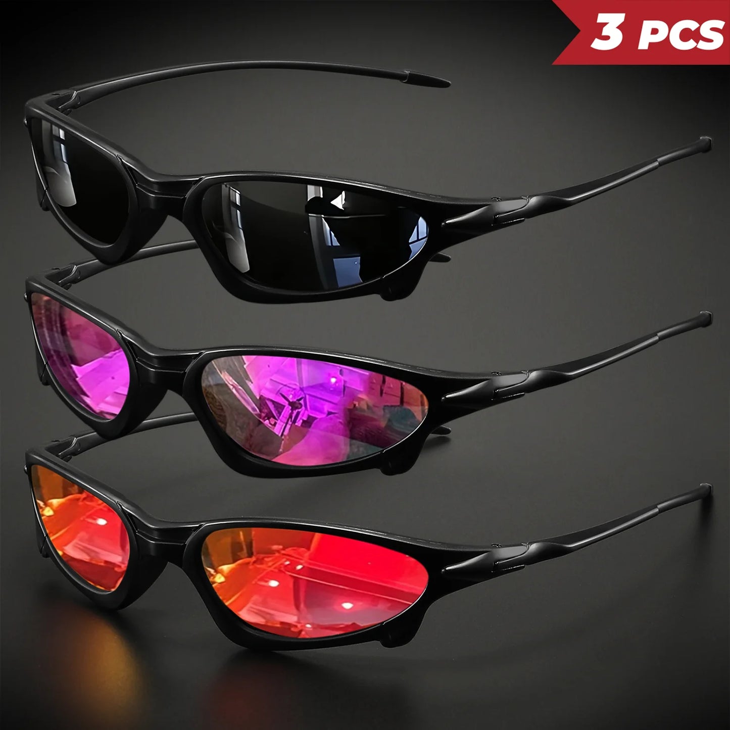 3PCS Futuristic Sports Sunglasses Set – Small Frame Wraparound UV400 Eyewear | Colorful Cycling, Fishing & Travel Protective Outdoor Sunglasses
