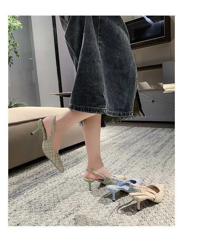 Sea Salt Blue Pointed High Heel Sandals – Women's Fashion Versatile Hollow Back Casual Shoes