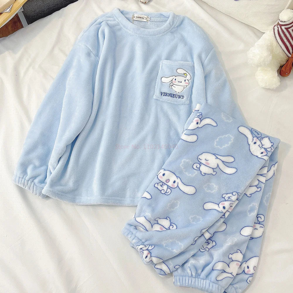 Sanrio Anime Cinnamoroll Pajamas, Kawaii Kuromi and My Melody Flannel Pullover, Coral Velvet Winter Warm Pajamas, Homewear for Girls Gifts