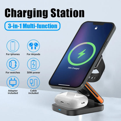3-in-1 Foldable Magnetic Wireless Charging Station – Fast Charger Stand for iPhone 17–12, Apple Watch & AirPods Pro