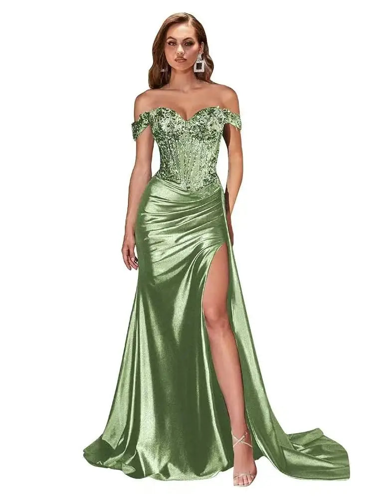 Dark Navy Off-Shoulder Prom Dress – Sweetheart Beaded Lace Evening Gown with High Side Slit, Corset Formal Party Dress 2025