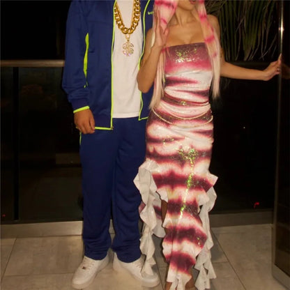 Halloween Shark Tale Adult Costume – Oscar & Lola Couple Strapless Fish Cosplay with Sparkle Ruffle Hem for Women