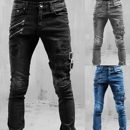 2024 Plus Size Men’s Straight Jeans – Casual Skinny Streetwear Denim Pants with Zippers in 3 Colors