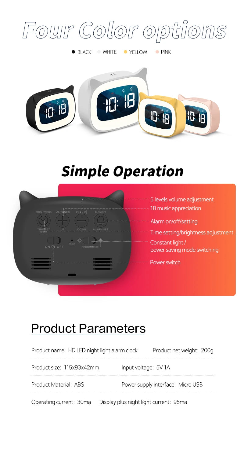 Music LED Digital Alarm Clock – Voice Control Night Light with 1200mAh Battery for Home Desk Decor