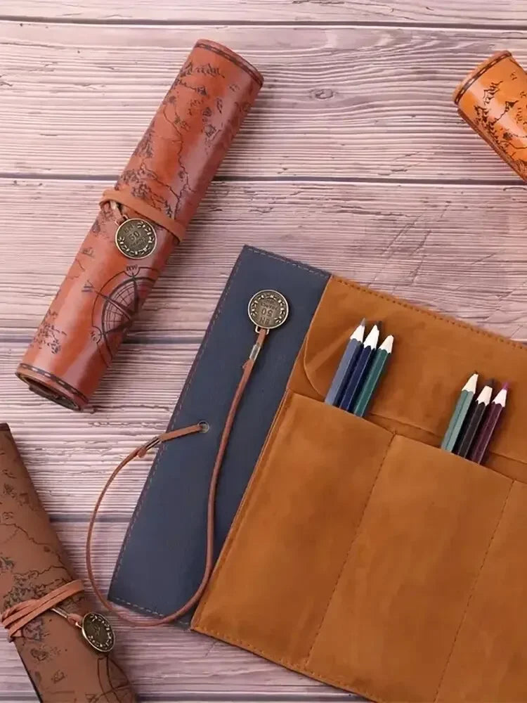 Creative Treasure Map Leather Pencil Case – Large Capacity Roll-Up Pencil Bag with Embossed Buckle, Retro Stationery Organizer