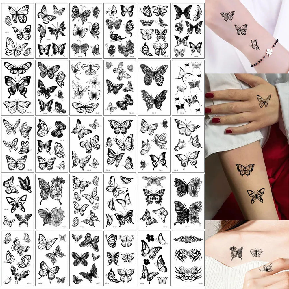 30pcs Black Temporary Tattoo Stickers - Flower Butterfly Rose Moon Star Mandala Designs for Hand, Chest & Body Art