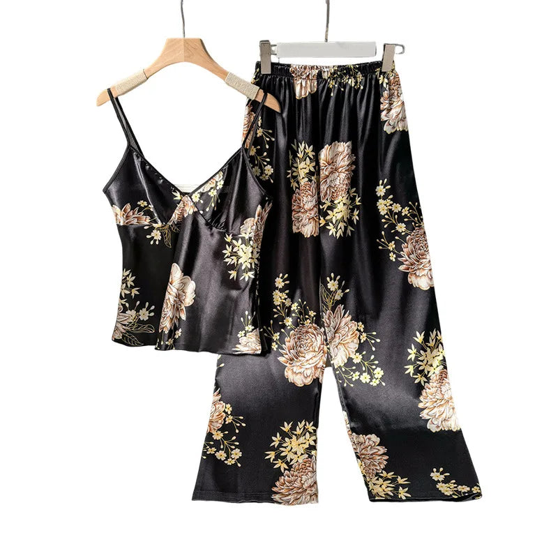 2pcs Women’s Summer Pajama Set – Printed Silk Suspenders Top & Long Pants Breathable Homewear