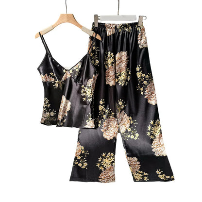2pcs Women’s Summer Pajama Set – Printed Silk Suspenders Top & Long Pants Breathable Homewear