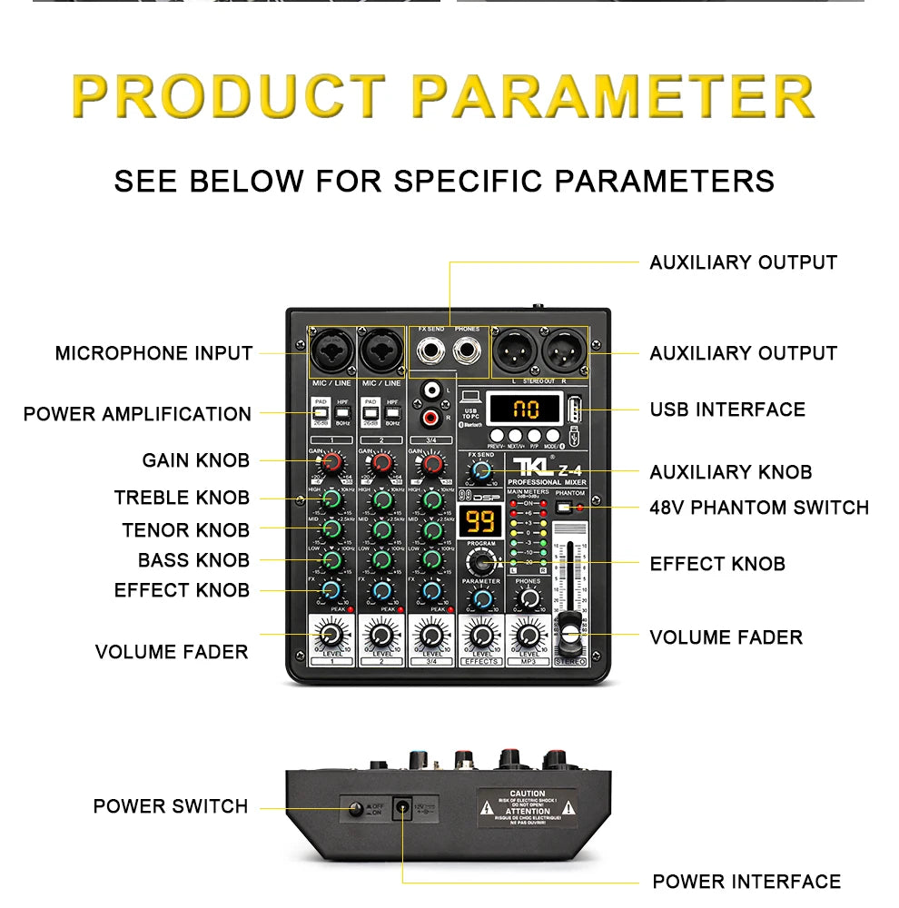 TKL 4 Channel DSP Audio Mixer – 99 Effects, 48V Phantom Power, USB, Bluetooth DJ Console for Karaoke and Studio Sound
