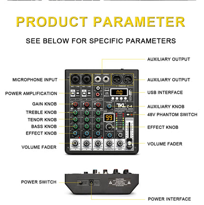 TKL 4-Channel DSP Audio Mixer with 48V Phantom Power, USB, Bluetooth DJ Console for Karaoke Studio Mixing