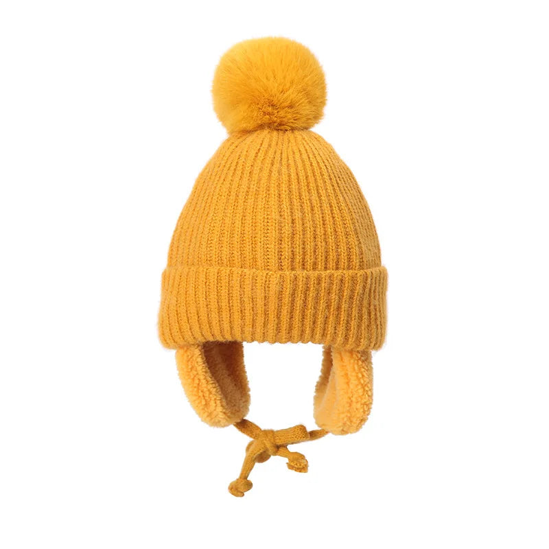 Winter Baby Beanie Hat with Pompom & Earflaps – Thick Wool Plush Knitted Cap for Girls & Boys, Ages 2-8T