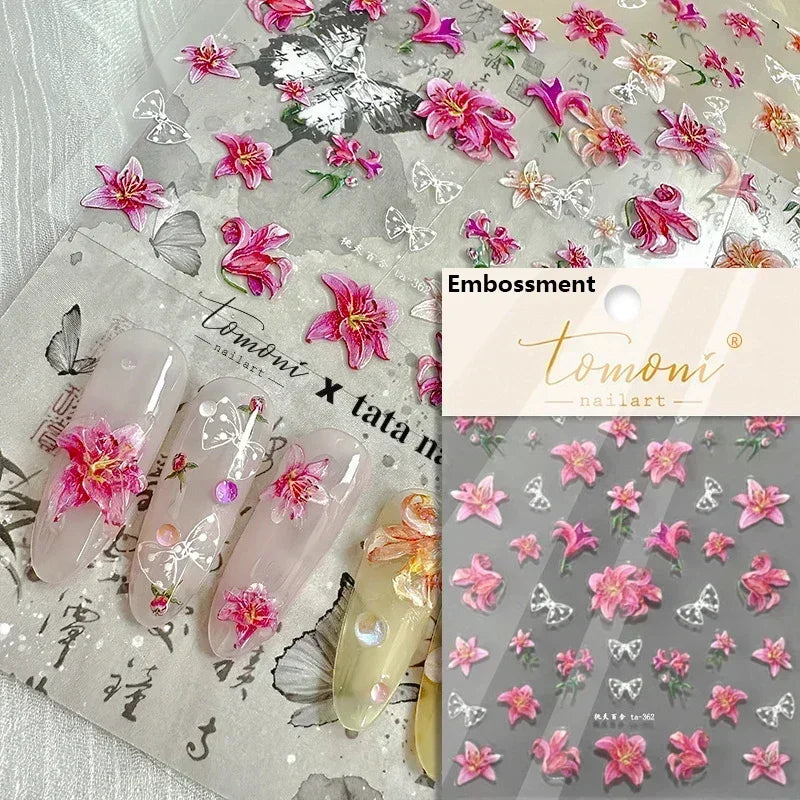 Floral Nail Art Stickers - White Rose Lily Daisy Peony Cherry Blossom & Magnolia Manicure Decals for DIY Nails
