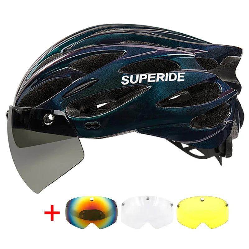 SUPERIDE Ultralight Cycling Helmet - In-Mold Road & MTB Bike Helmet with Magnetic Goggles & Sun Visor for Men & Women