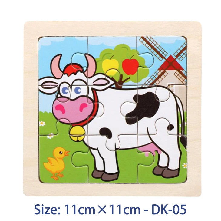 11cm Kids Wooden Jigsaw Puzzle – Cartoon Animal & Vehicle Montessori Educational Toys