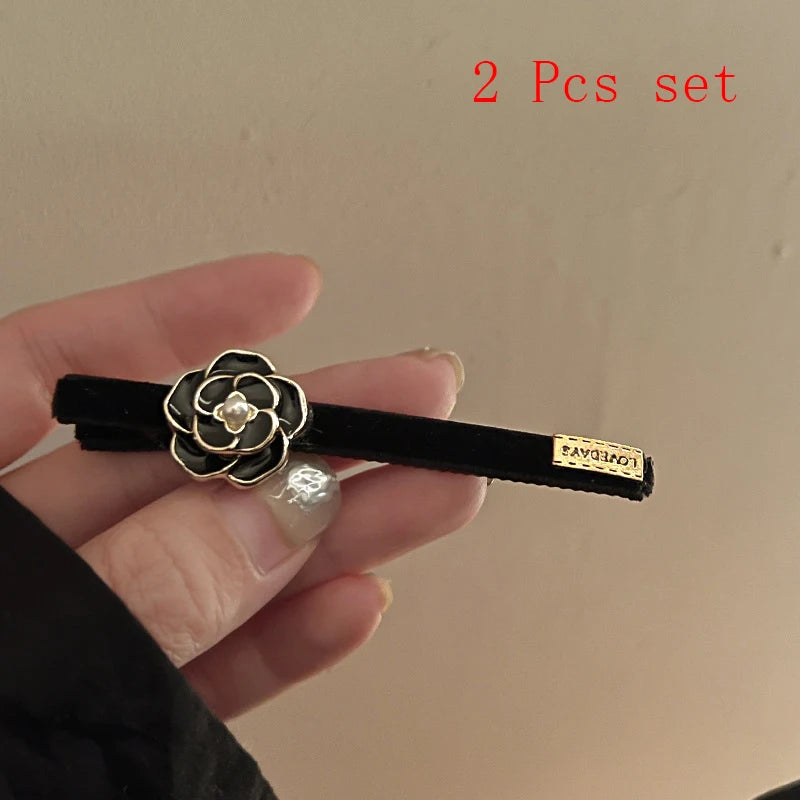 Pearl Camellia Letter Hair Clip - French Retro Flower Duckbill Side Fringe Accessory