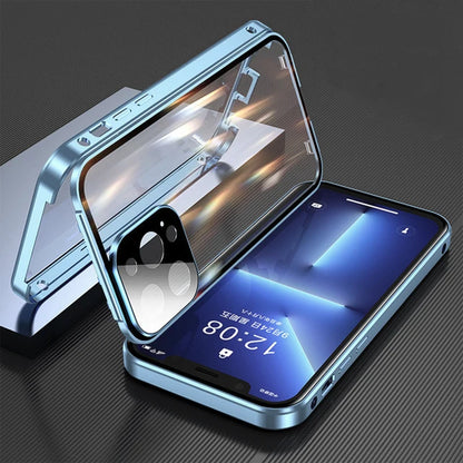 360° Full Protection Magnetic Metal Phone Case - Double-Sided Glass Cover with Lock Buckle for iPhone 11-16 Pro Max