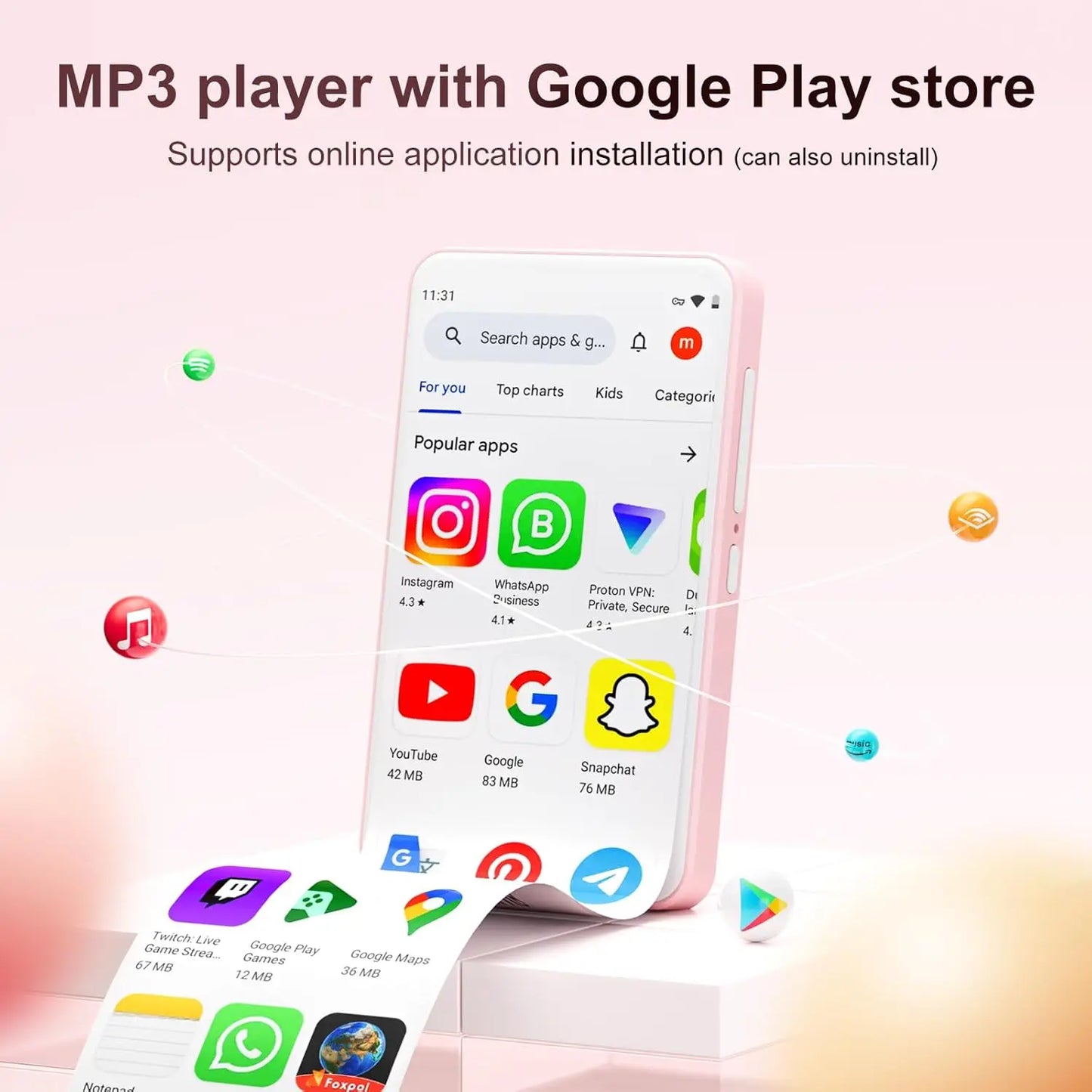 80GB MP3 Player Android 9.0 - Bluetooth, WiFi, 4.0-Inch Touchscreen, Speakers, FM Radio, eBooks, Up to 512GB Capacity