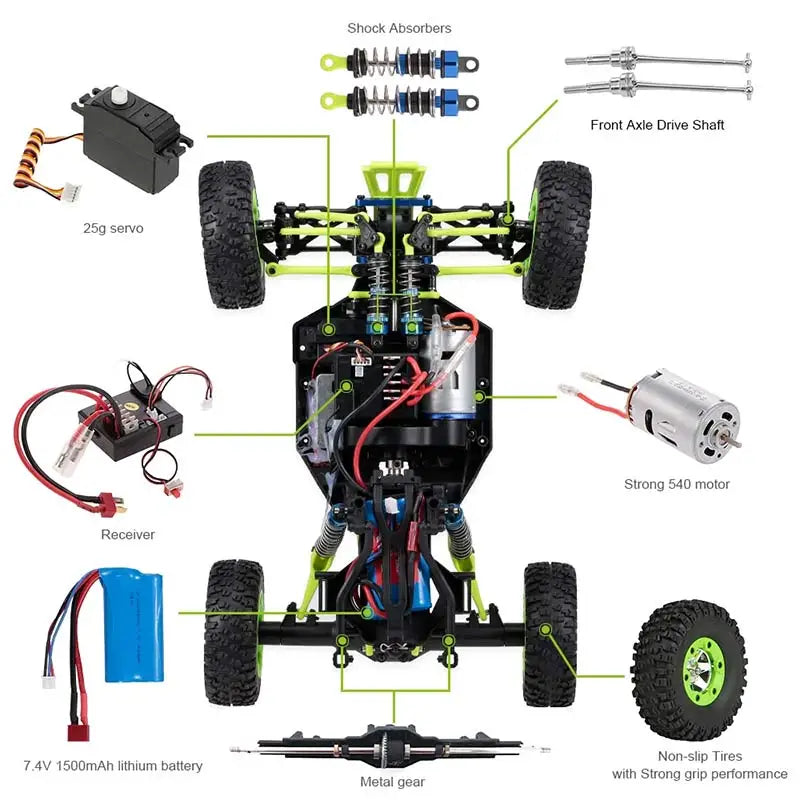 WLtoys 12428 1:12 RC Racing Car — 4WD High-Speed Off-Road Remote Control Buggy with LED Light, Alloy Climbing Truck, Boys & Kids Gift