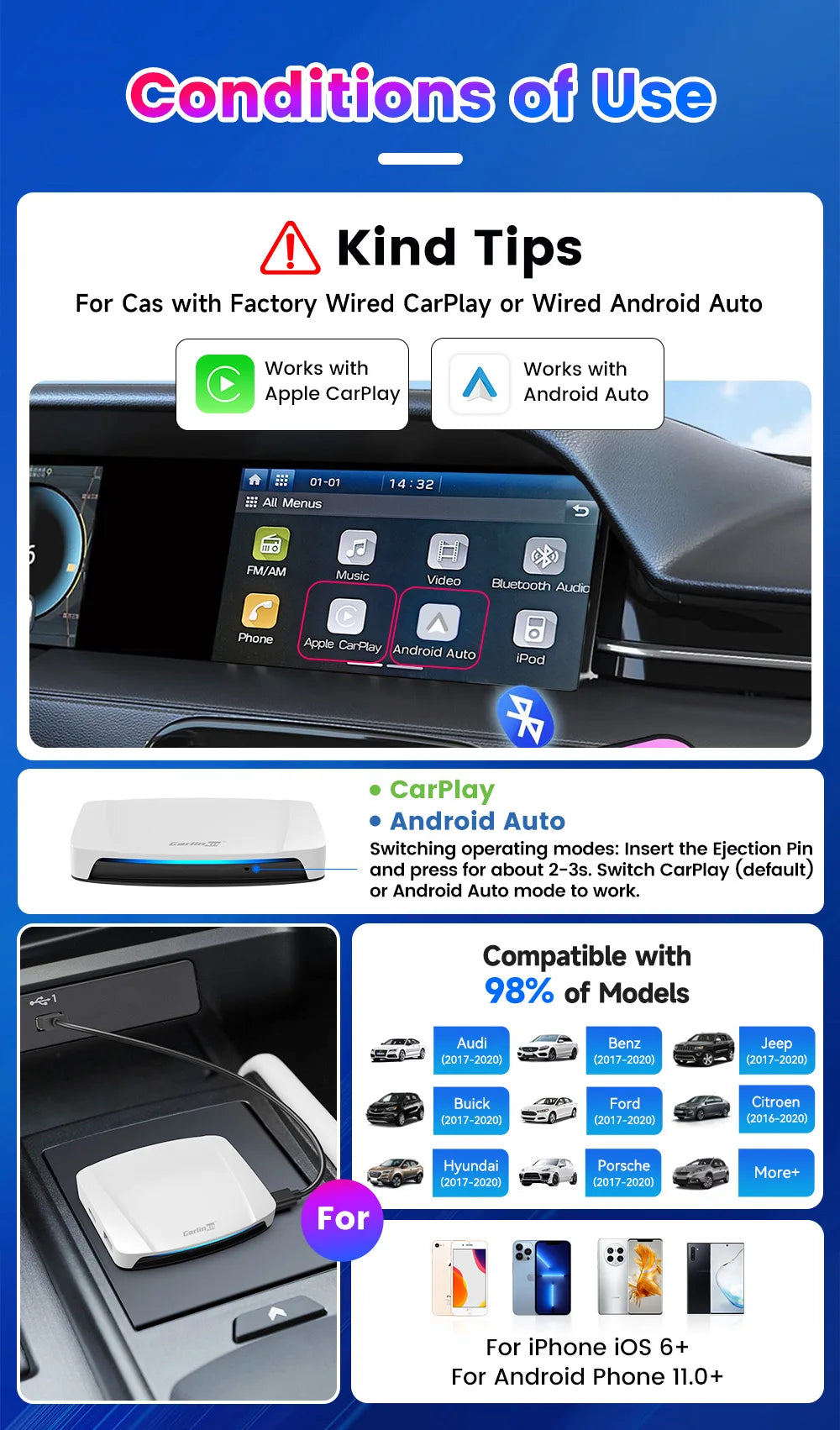 8+128GB Carlinkit TV Box — Android 13 Wireless CarPlay & Android Auto Adapter, 8-Core Qualcomm, HDMI