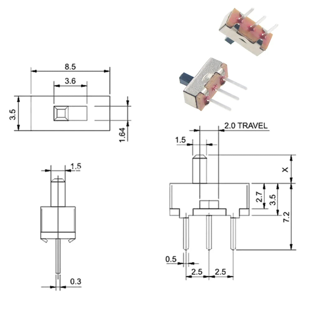 20PCS SS12D00 Mini Slide Switches - 3-Pin 1P2T ON/OFF Toggle Switch 2 Position for Electronics Projects