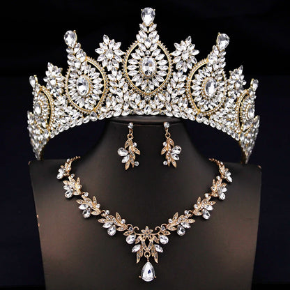 Rhinestone Bridal Tiara Jewelry Set - Wedding Crown with Necklace and Earrings for Women