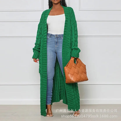 Open Front Cable Knit Longline Cardigan for Women – Long Sleeve, Loose Fit, Casual Fashion Knitwear, Solid Color
