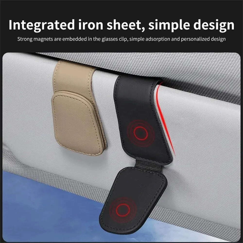 Universal Car Sun Visor Glasses Holder Clip – Magnetic Leather Eyeglass Hanger Storage Organizer Auto Accessories