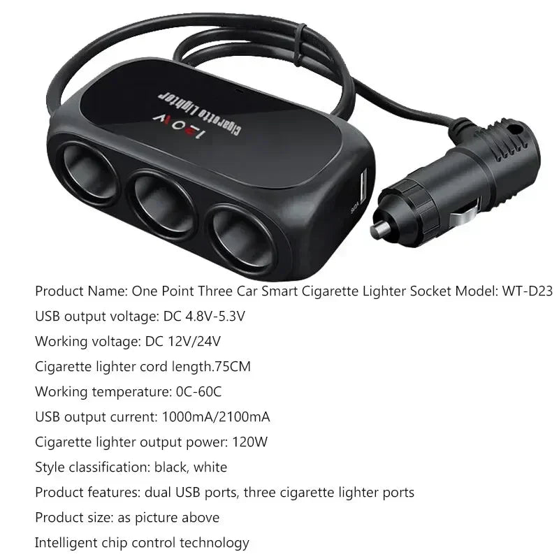 Dual USB Car Charger – Multi-Function Power Adapter Plug for 3 Devices