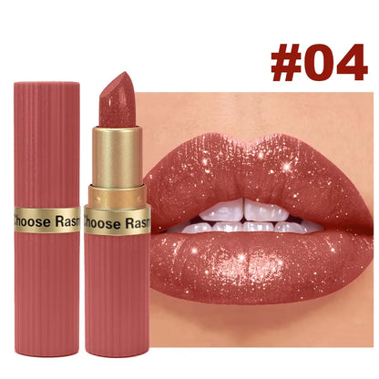 Pearlescent Pink Glitter Lipstick - Waterproof Long-Lasting Matte Metallic Shimmer Makeup