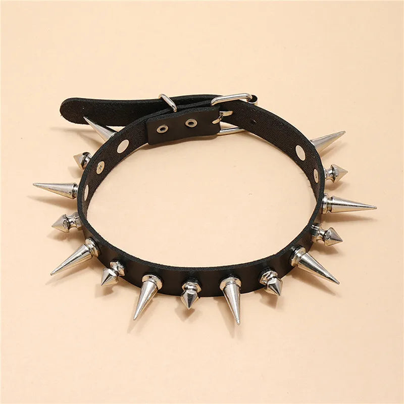 Punk Long Spike Choker Faux Leather Collar – Studded Rivet Necklace for Women & Men, Goth Style Accessories