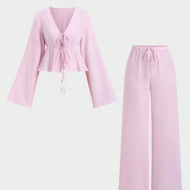 Striped Lace-Up Women’s 2-Piece Matching Set – Casual Office Commuting Outfit, Simple All-Match Two-Piece Set