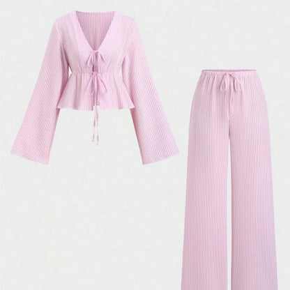 Striped Lace-Up Women’s 2-Piece Matching Set – Casual Office Commuting Outfit, Simple All-Match Two-Piece Set