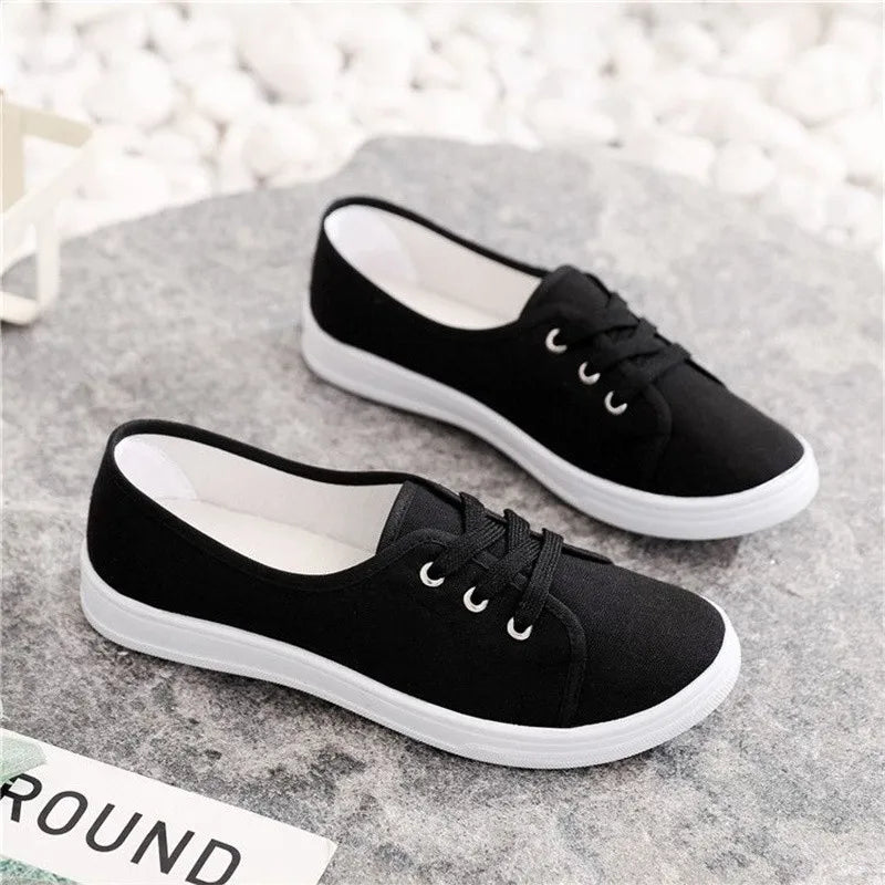 Lady Classic Round Toe White Canvas Shoes | Comfortable Lace-Up Street Sneakers for Students