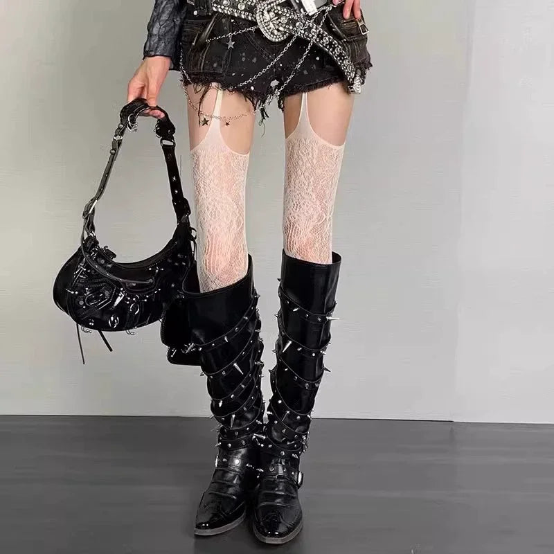 Lolita Punk Style Floral Thigh High Tights for Women, Sheer Colorful Fishnet Suspender Stockings with Garter Belt Pantyhose