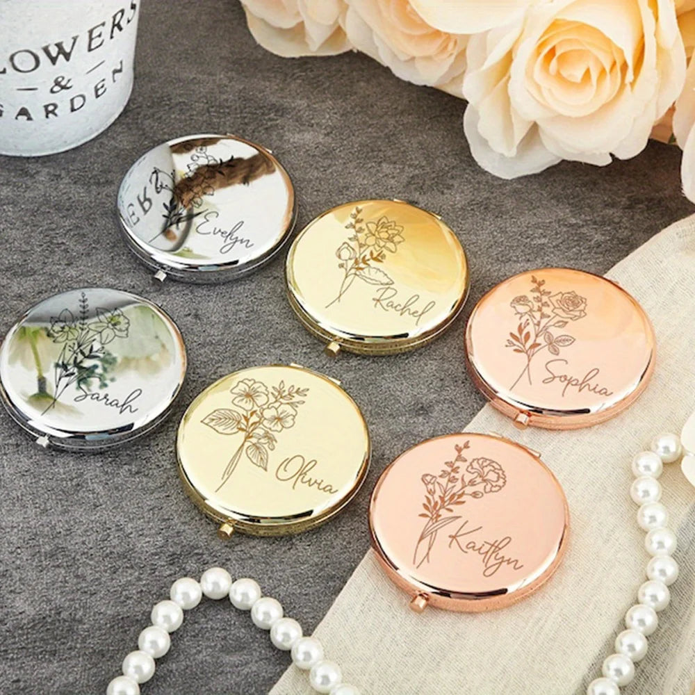 Engraved Birth Flower Compact Mirror - Personalized Name Pocket Mirror Gift for Her