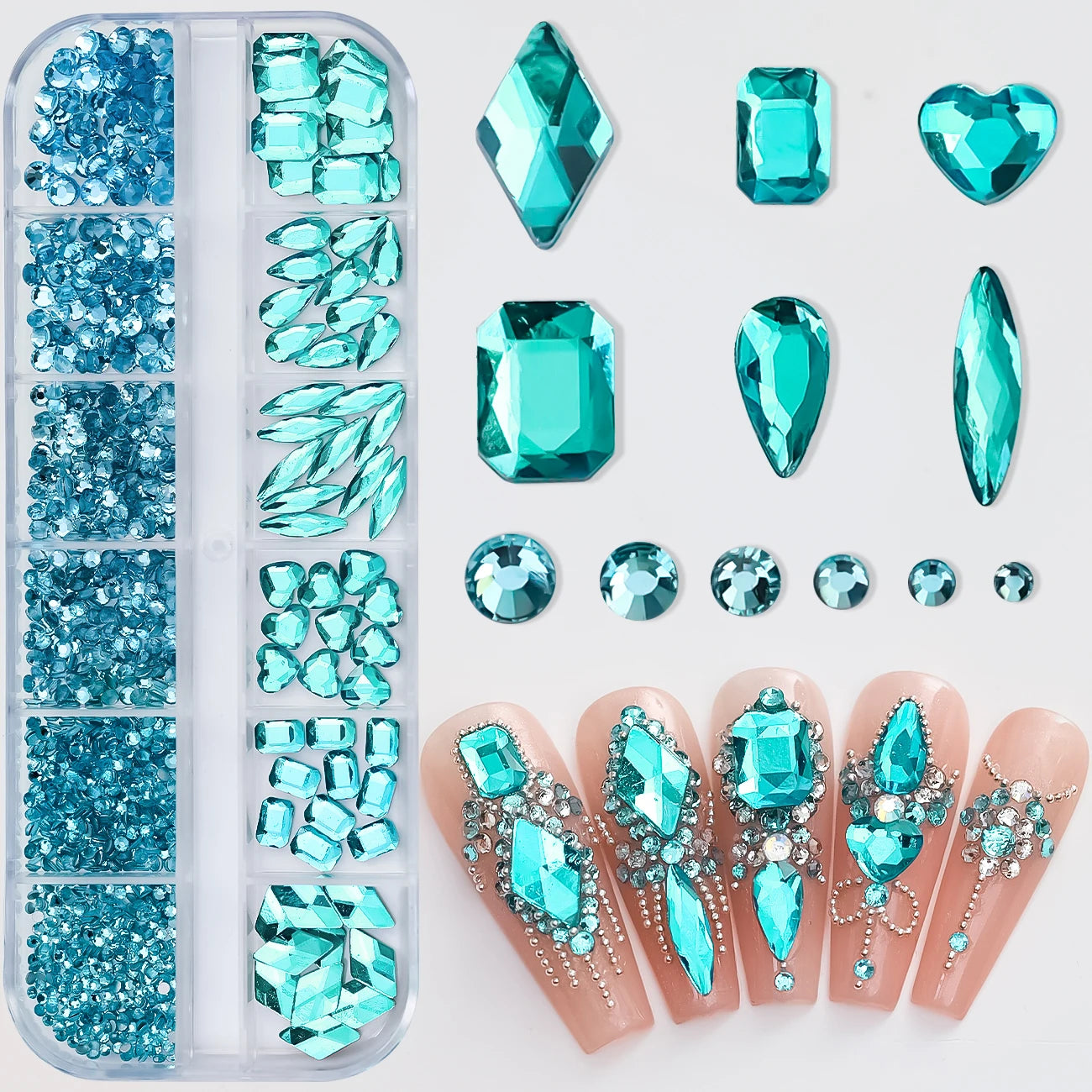 12-Grid Mixed Nail Rhinestones SS6-SS30 – Shiny Flat-Back Gems in Clear, Gold, Pink & Blue for Nail Art Decoration