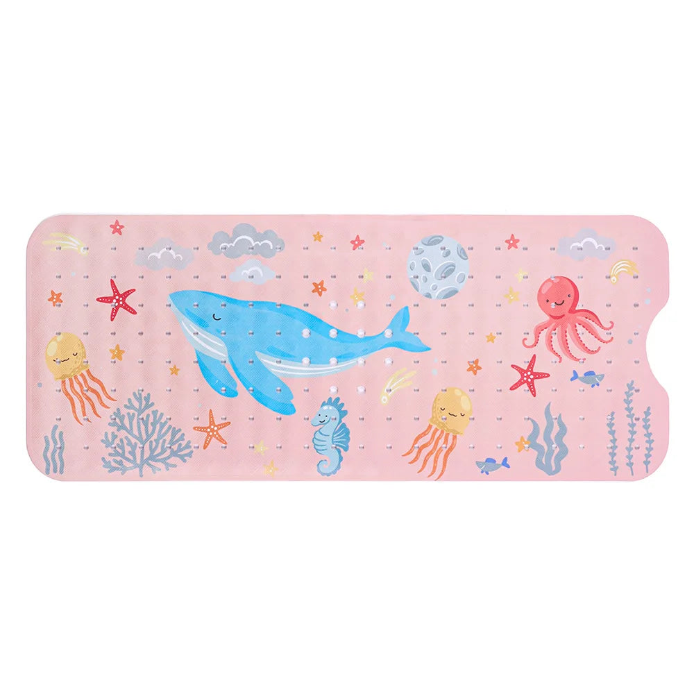 40x100cm Cartoon Sea World Anti-Skid Bath Mat – Soft Non-Slip Shower Mat with Suction Cups for Kids & Elderly