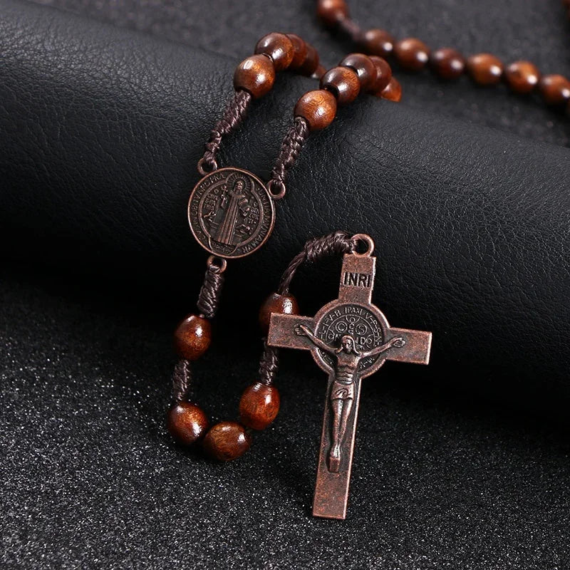 8mm Wooden Beads Rosary Necklace – Jesus Christ Cross Pendant, Woven Rope Chain Religious Prayer Jewelry for Men & Women
