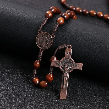 8mm Wooden Beads Rosary Necklace – Jesus Christ Cross Pendant, Woven Rope Chain Religious Prayer Jewelry for Men & Women