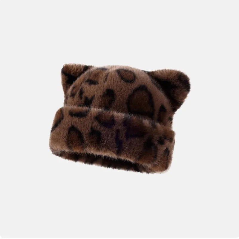 Leopard Print Plush Teddy Bear Hat – Sweet & Cute Women’s Hooded Beanie, Thick, Warm & Retro Style
