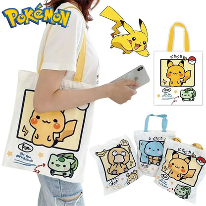 Anime Pokémon Canvas Shoulder Bag – Pikachu, Psyduck, Squirtle Casual Handbag for Women, Reusable Large Shopping Tote