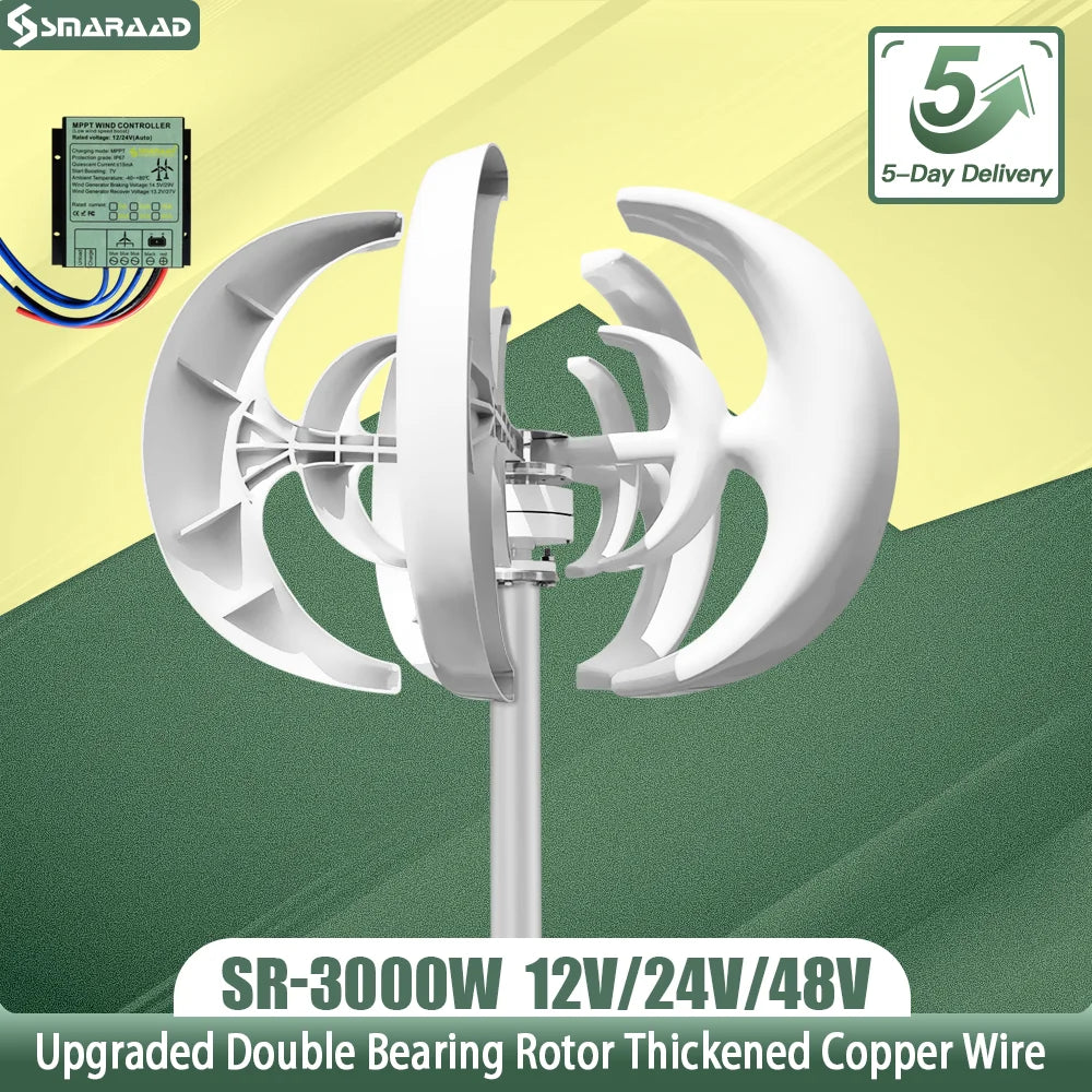 3000W Vertical Wind Turbine – 12V/24V/48V Small Windmill with 220V Output for Home & Farm, Includes MPPT Controller